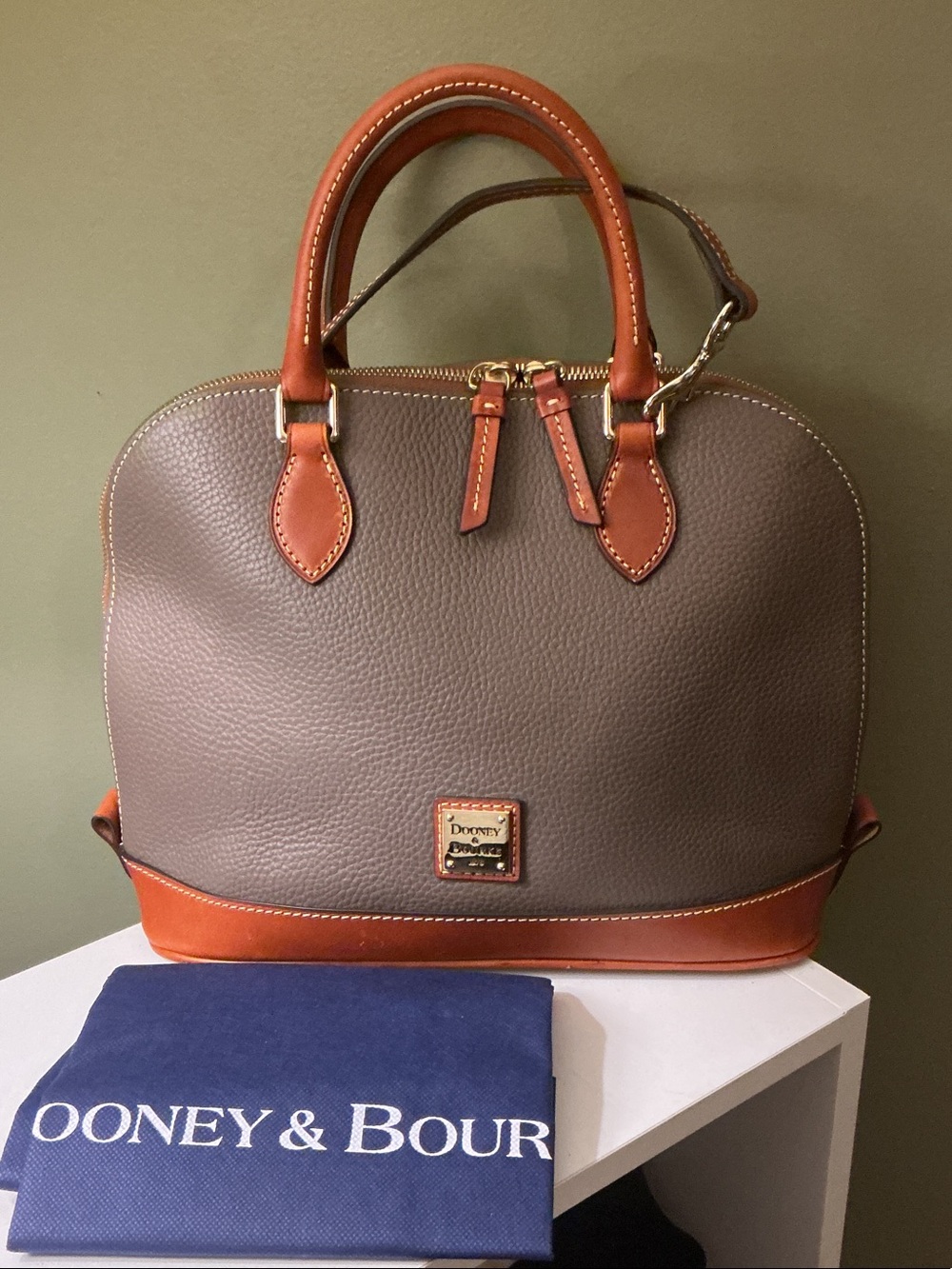 Dooney & Bourke Zip Zip Dome Satchel Mushroom Gray Pebble Leather Brown Trim